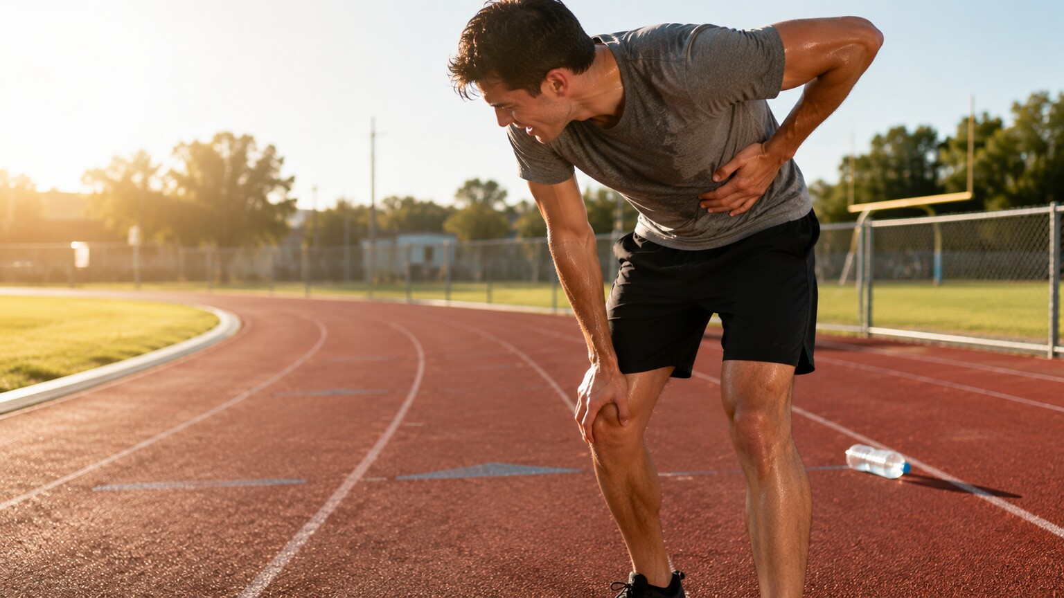 A young athlete bent over on an outdoor running track, hand pressed to his lower side in sudden pain after a sprint interval
