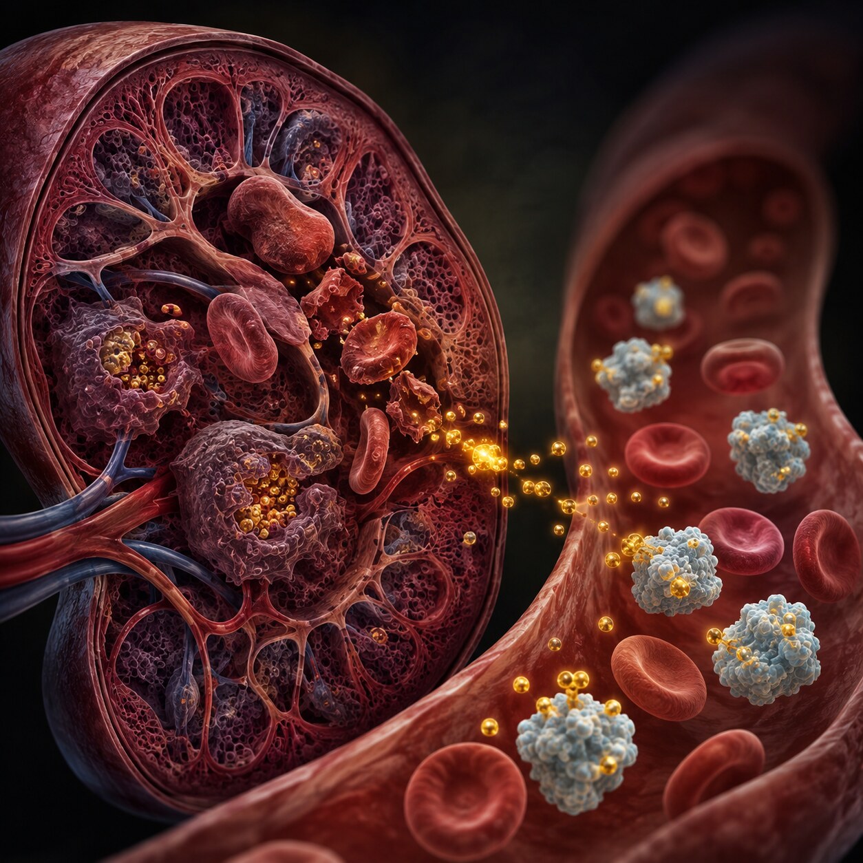 Scientific illustration of the spleen breaking down aged red blood cells and releasing unconjugated bilirubin into the bloodstream