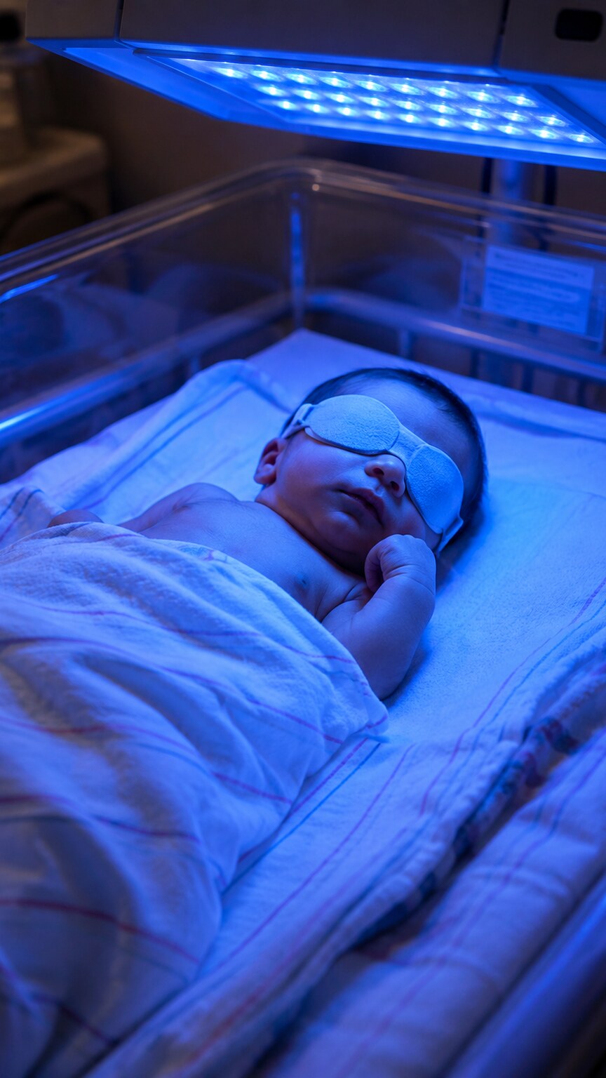 Newborn resting calmly in a bassinet under blue phototherapy light used to treat elevated bilirubin levels