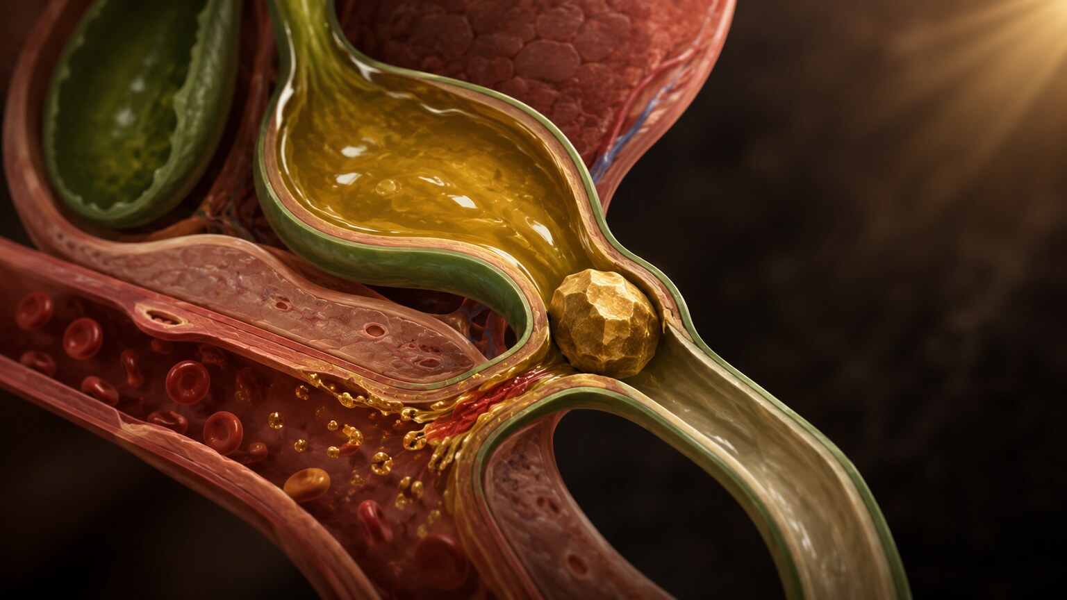 Scientific illustration of a gallstone lodged in the bile duct, blocking the normal flow of conjugated bilirubin into the intestine