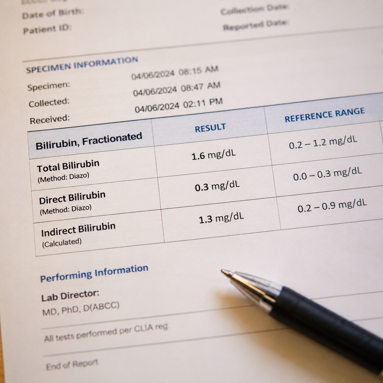 Close-up of a printed lab report showing fractionated total, direct, and indirect bilirubin values circled