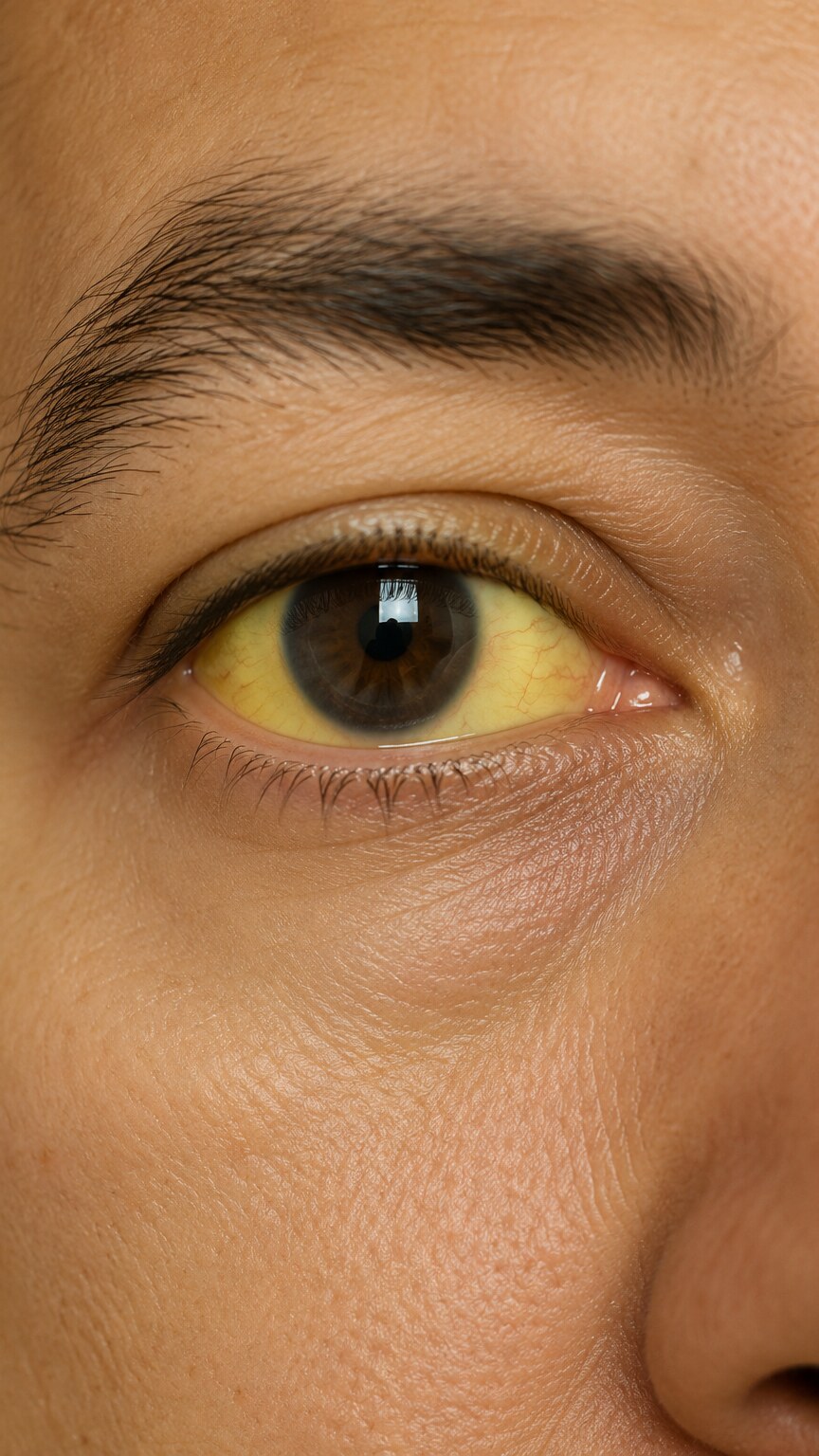 Close-up of a person's eyes showing a mild yellow tint to the sclera, a visible sign of elevated bilirubin