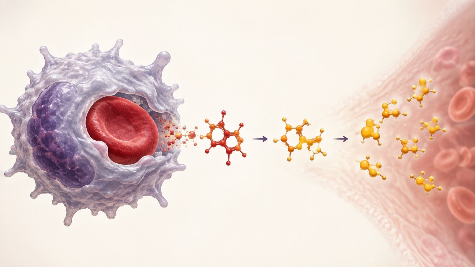 Illustration of a red blood cell breaking down into heme components that form bilirubin molecules