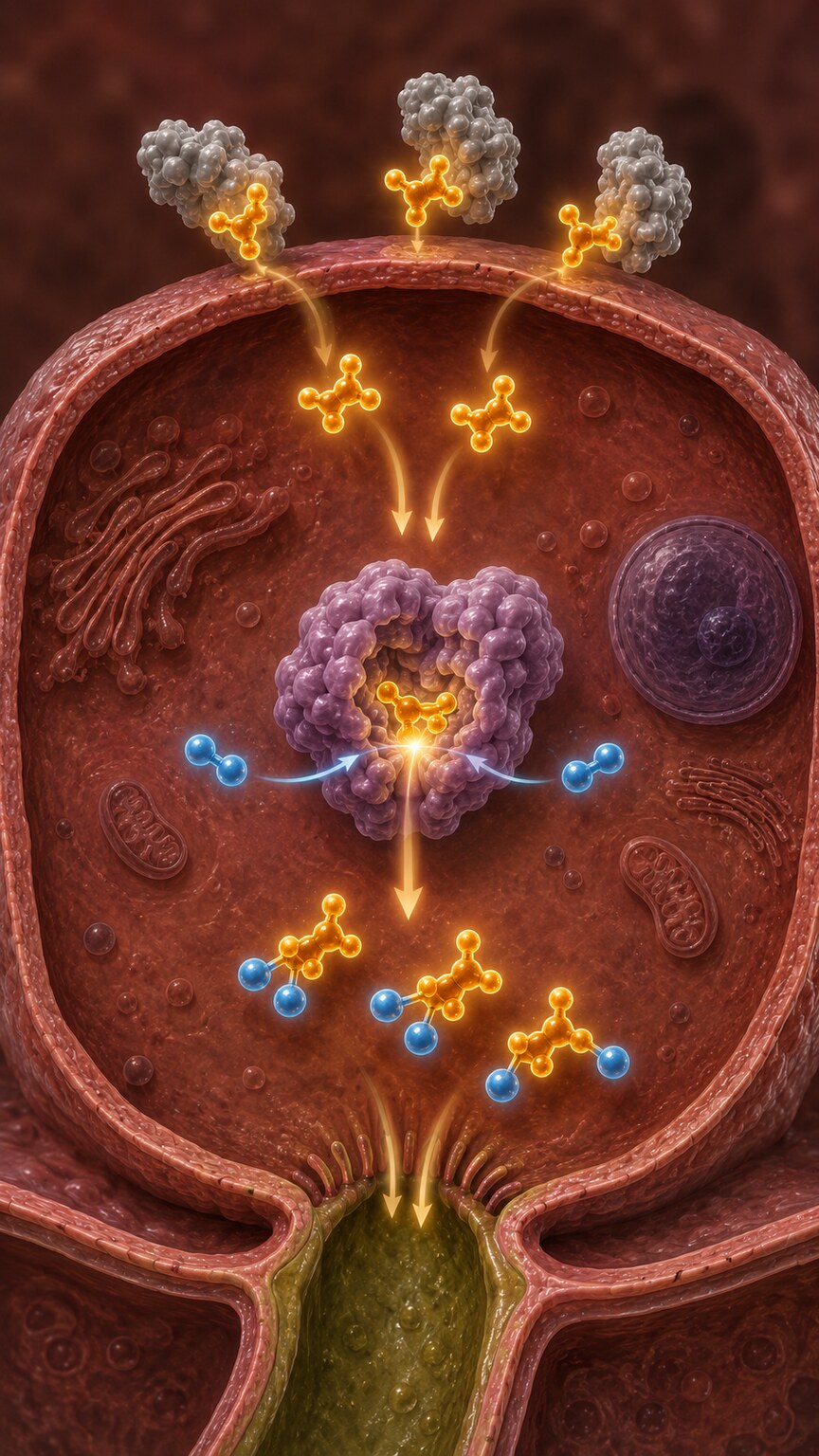 Illustration of a liver cell attaching glucuronic acid molecules to bilirubin to make it water soluble