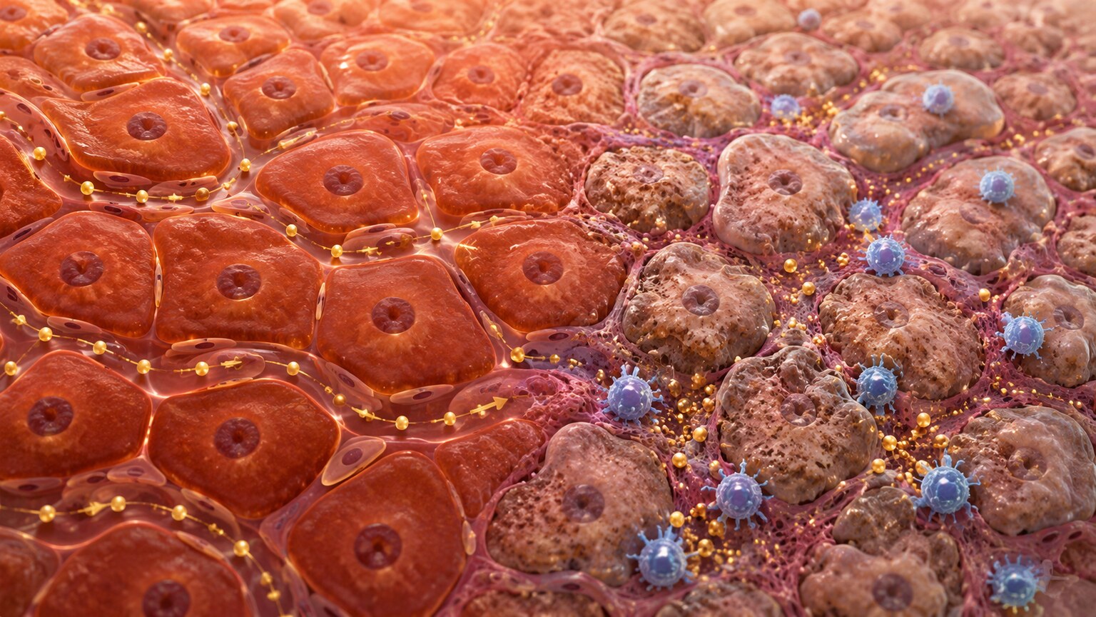 Illustration of inflamed liver tissue with damaged cells struggling to process bilirubin