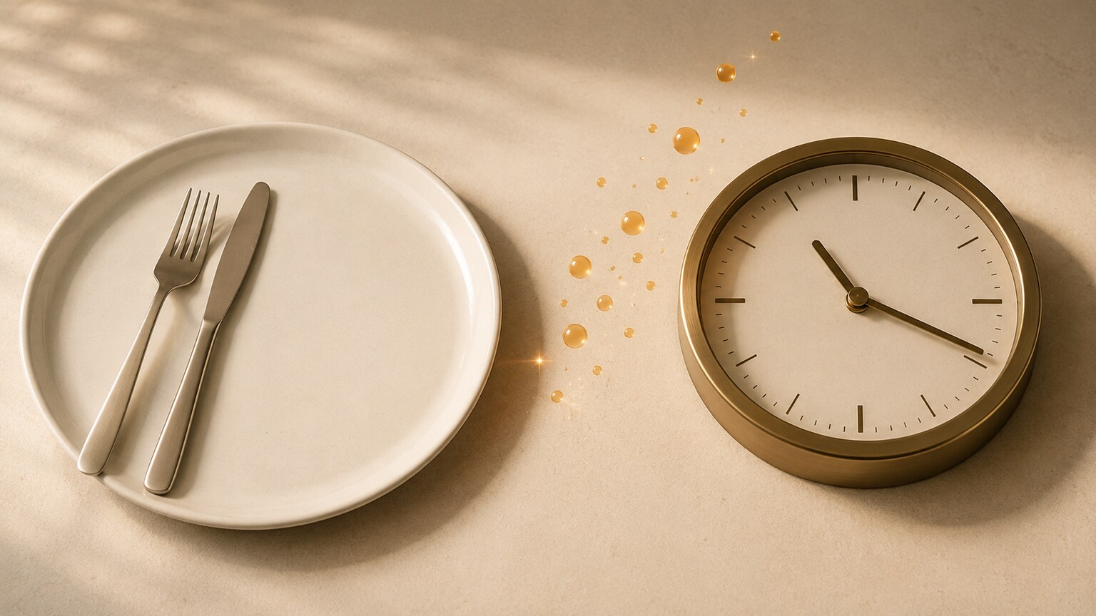 Illustration of an empty plate beside a clock showing an extended fasting period