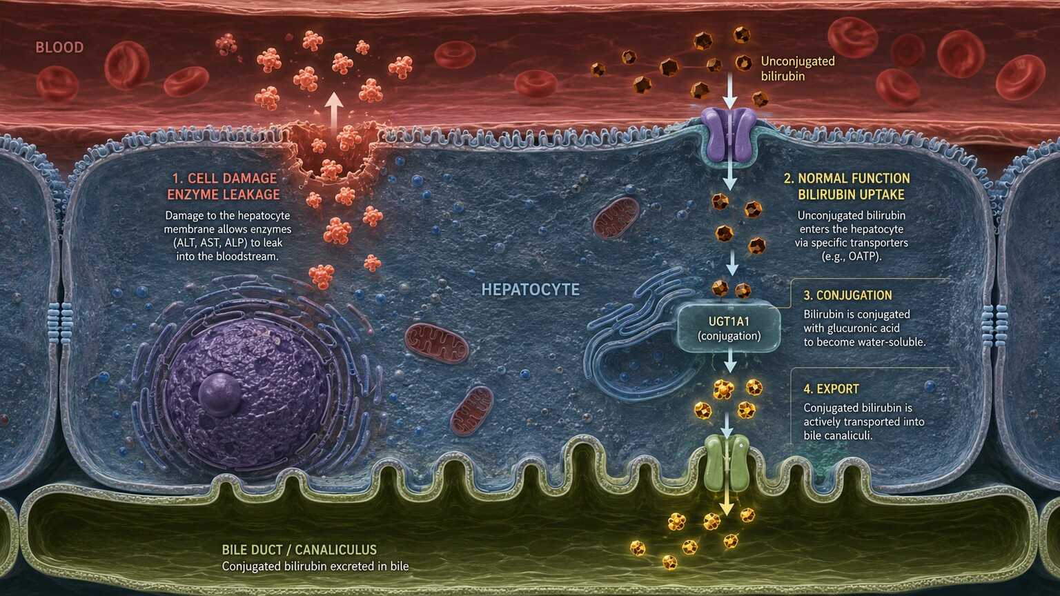 Scientific illustration of a liver cell showing two separate pathways: enzymes leaking out through a damaged membrane and bilirubin being actively processed and exported into bile