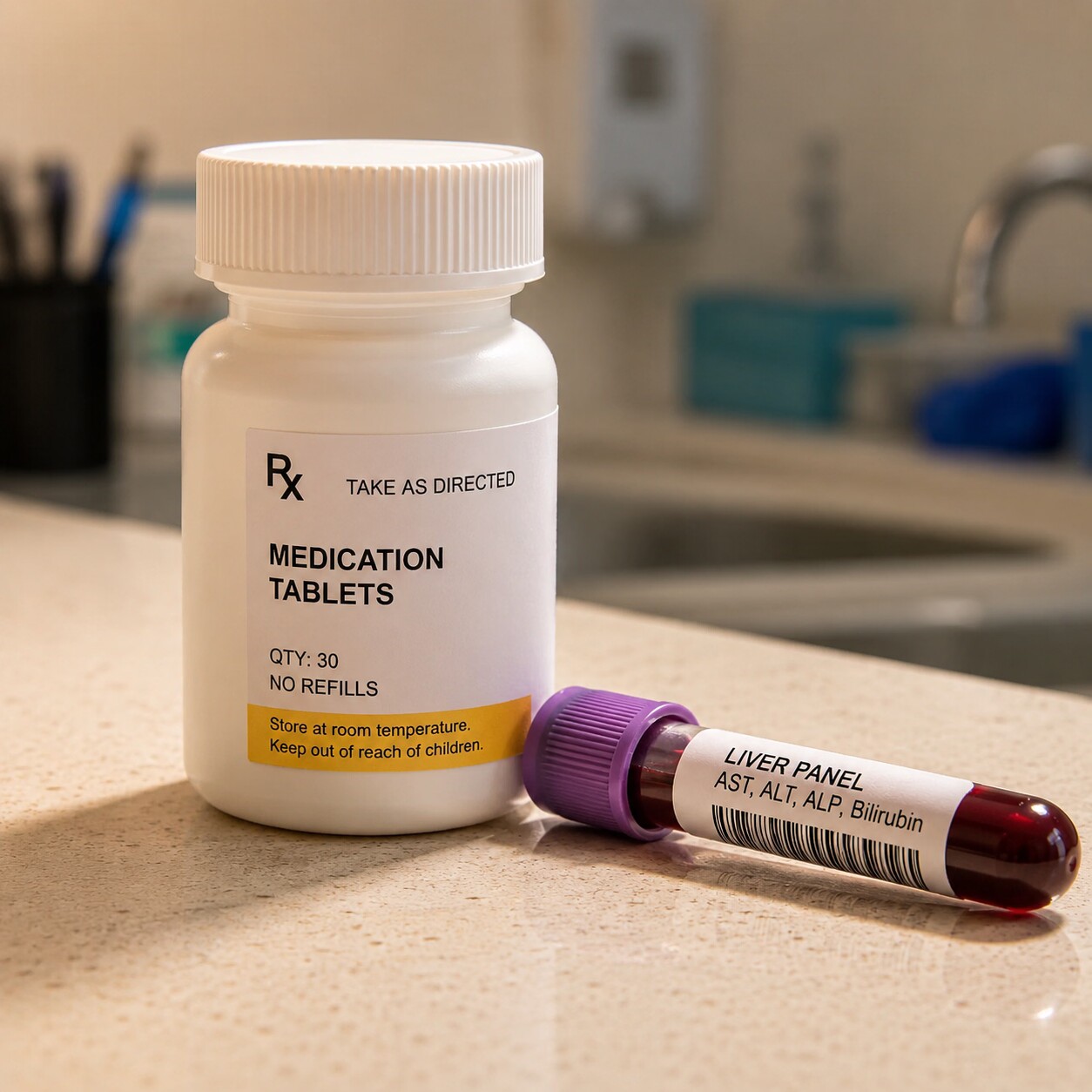 A prescription medication bottle resting beside a small blood collection tube, representing routine liver panel monitoring for someone starting a new long-term medication