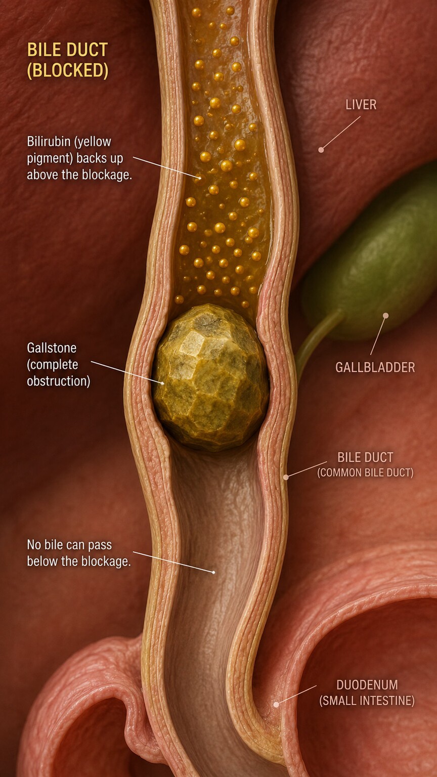 Scientific illustration of a gallstone lodged within the bile duct, physically blocking already-processed bilirubin from leaving the liver