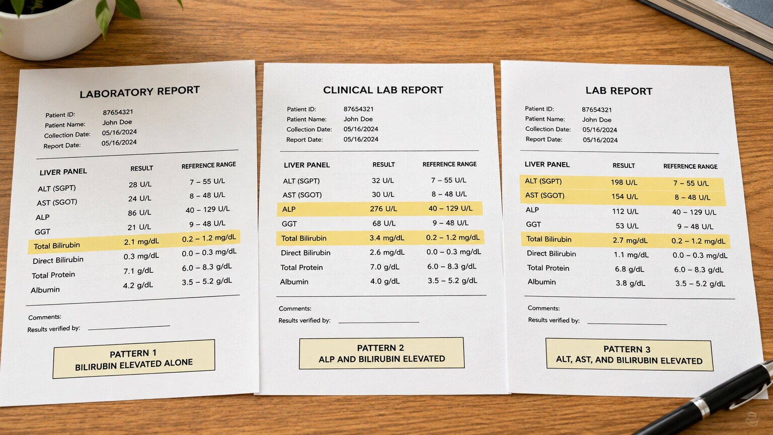 Three separate printed liver panel reports arranged side by side on a desk, each showing a different pattern of enzyme and bilirubin results