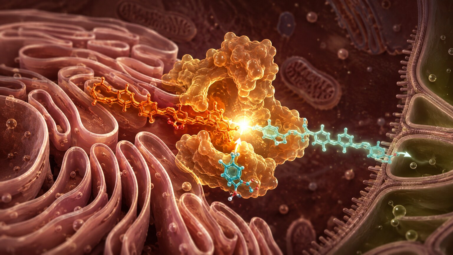 Scientific illustration of a liver cell conjugating unconjugated bilirubin with glucuronic acid using the UGT1A1 enzyme