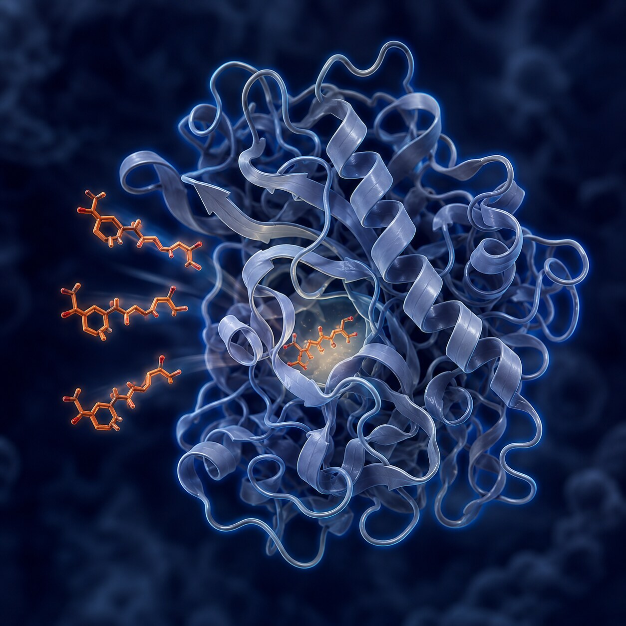Close-up molecular illustration of the UGT1A1 enzyme with reduced binding activity and bilirubin molecules accumulating unprocessed