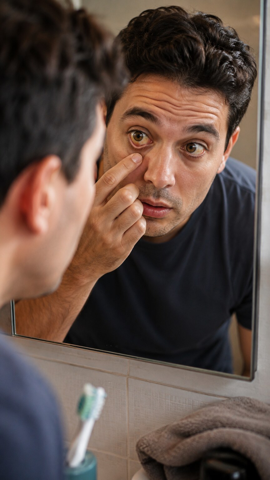 Person examining the whites of their eyes closely in a bathroom mirror during a fasting morning before a scheduled blood test