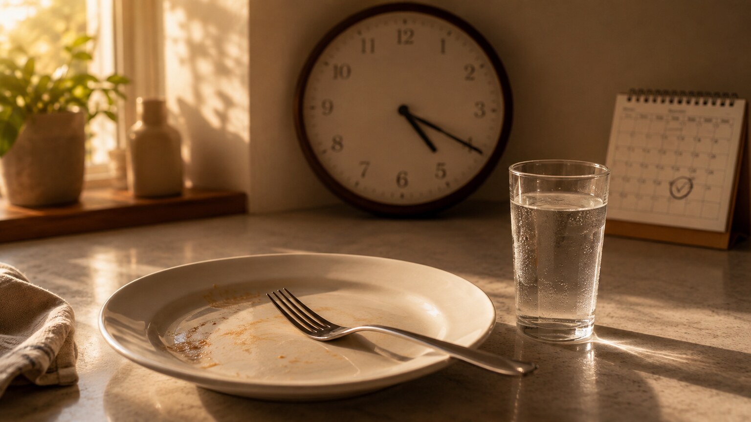 Empty kitchen plate and glass of water beside a clock showing late afternoon, illustrating an extended fasting window