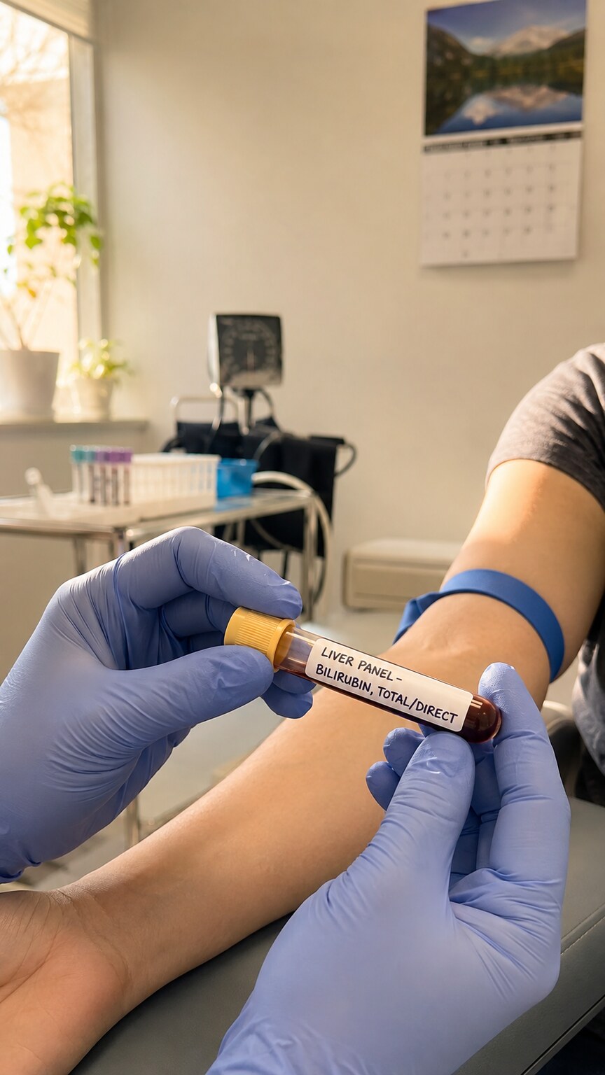 Phlebotomist drawing blood from a fasting patient's arm with a tube labeled for a liver panel including bilirubin