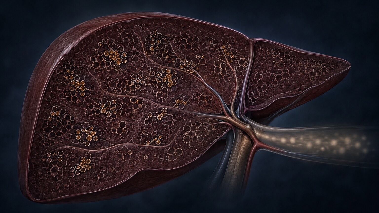 Scientific illustration of a liver with depleted glycogen stores during prolonged fasting, showing reduced metabolic reserve