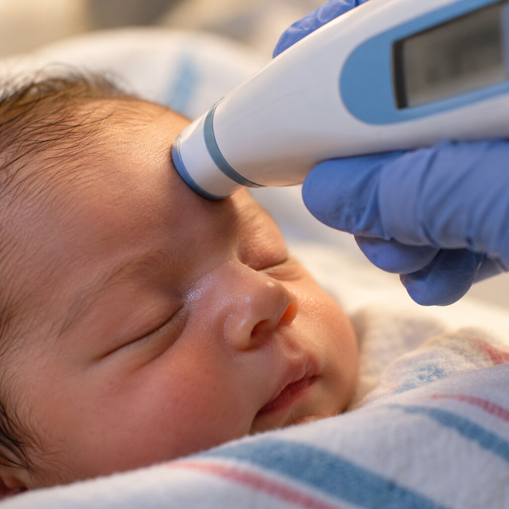 Close-up of a handheld transcutaneous bilirubin meter gently pressed against a newborn's forehead