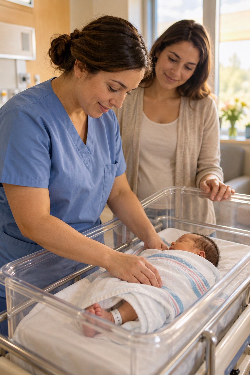 Nurse gently checking a newborn in a hospital bassinet while a parent watches nearby