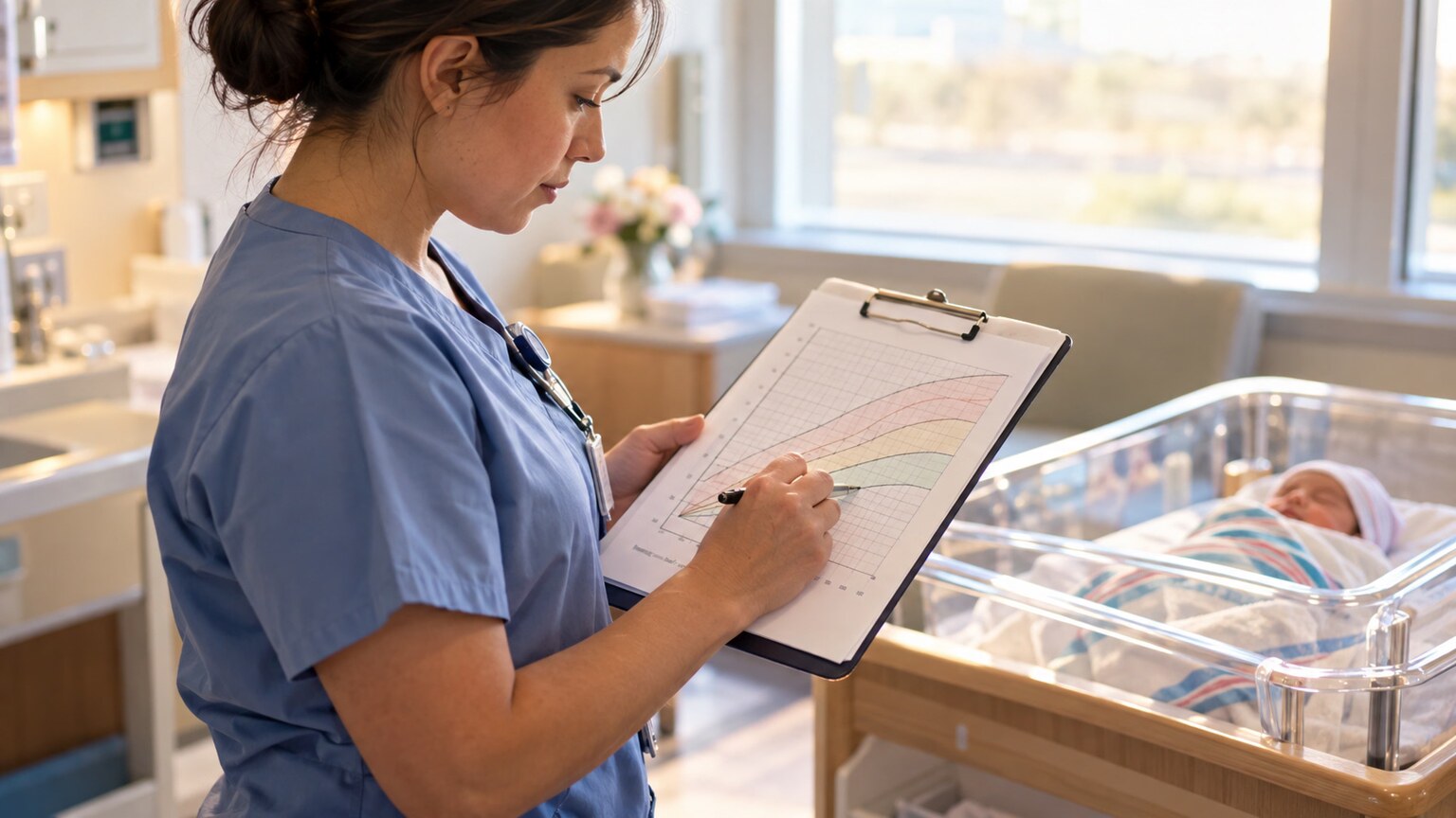 Nurse plotting a bilirubin result on a printed risk-zone chart on a clipboard at a hospital bedside