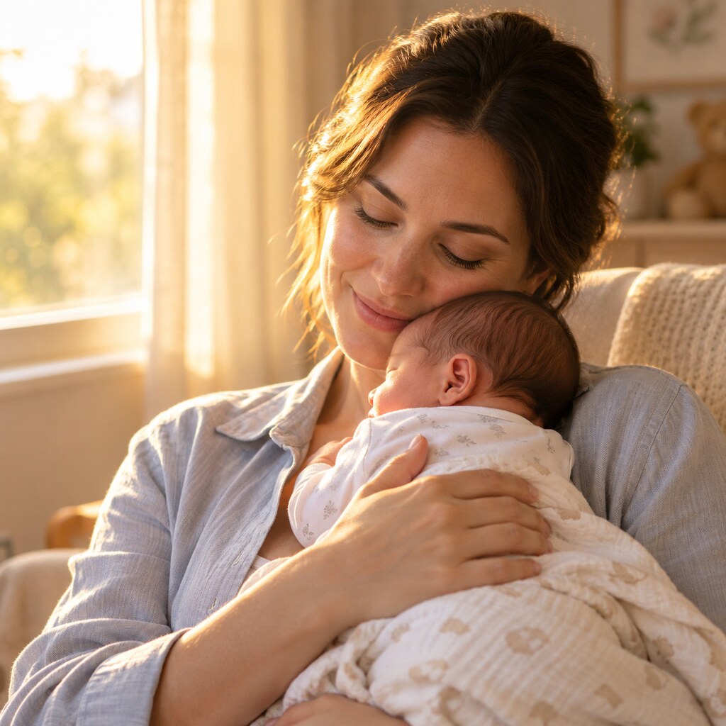 Parent holding a newborn skin-to-skin in soft morning window light during the first day of life