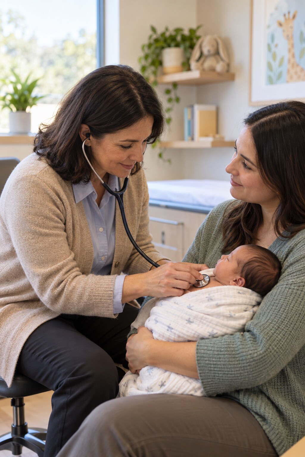 Parent holding a newborn during a pediatric follow-up clinic visit a day or two after hospital discharge