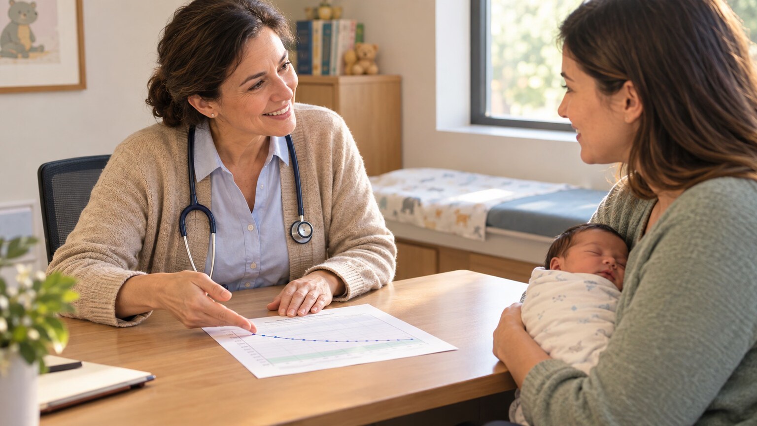 Pediatrician reviewing a newborn's bilirubin trend chart with a parent in a clinic office