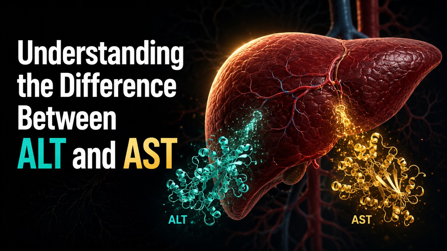 Scientific illustration of a liver cell rupturing and releasing ALT and AST enzyme molecules into a capillary