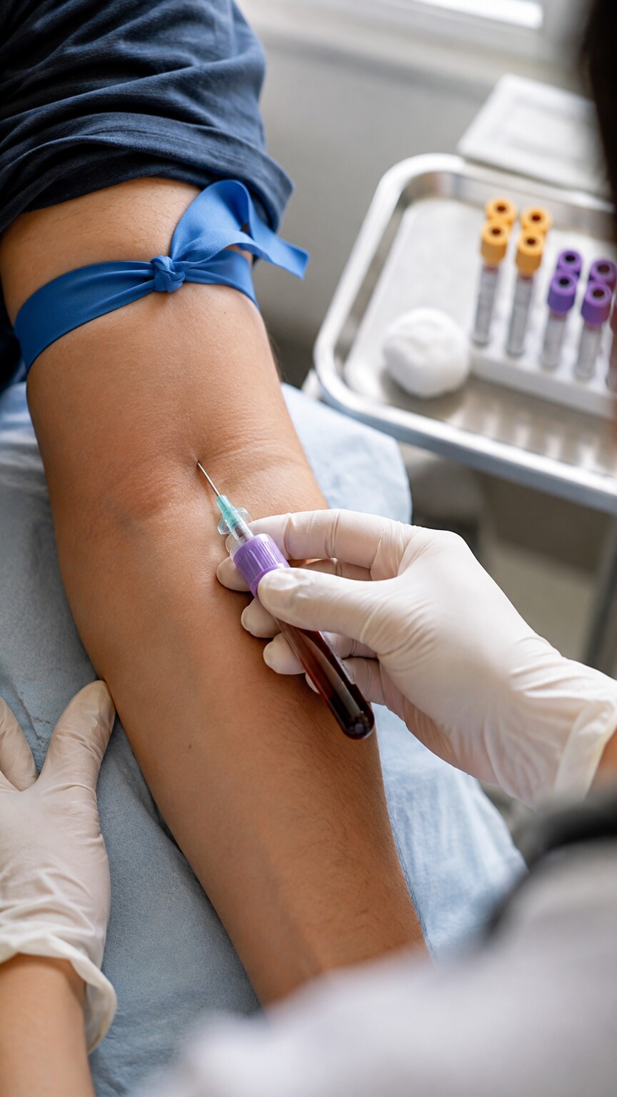 Close-up of a phlebotomist drawing a vial of blood for a comprehensive metabolic and liver panel