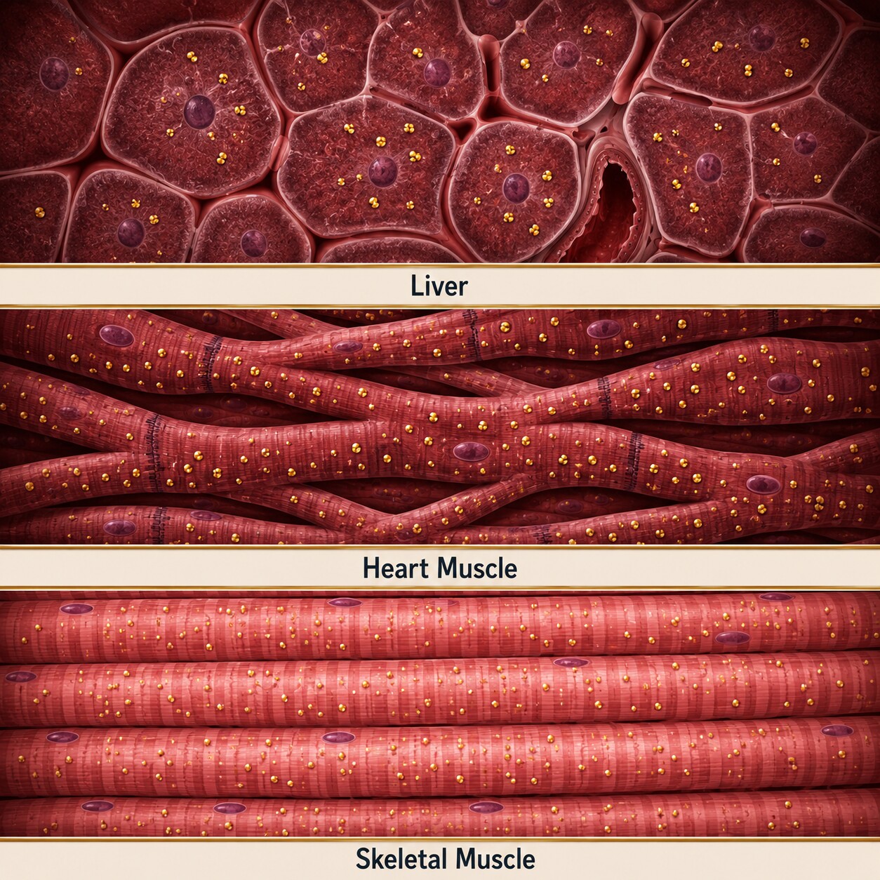 Side-by-side anatomical illustration comparing liver tissue, heart muscle, and skeletal muscle where AST is found