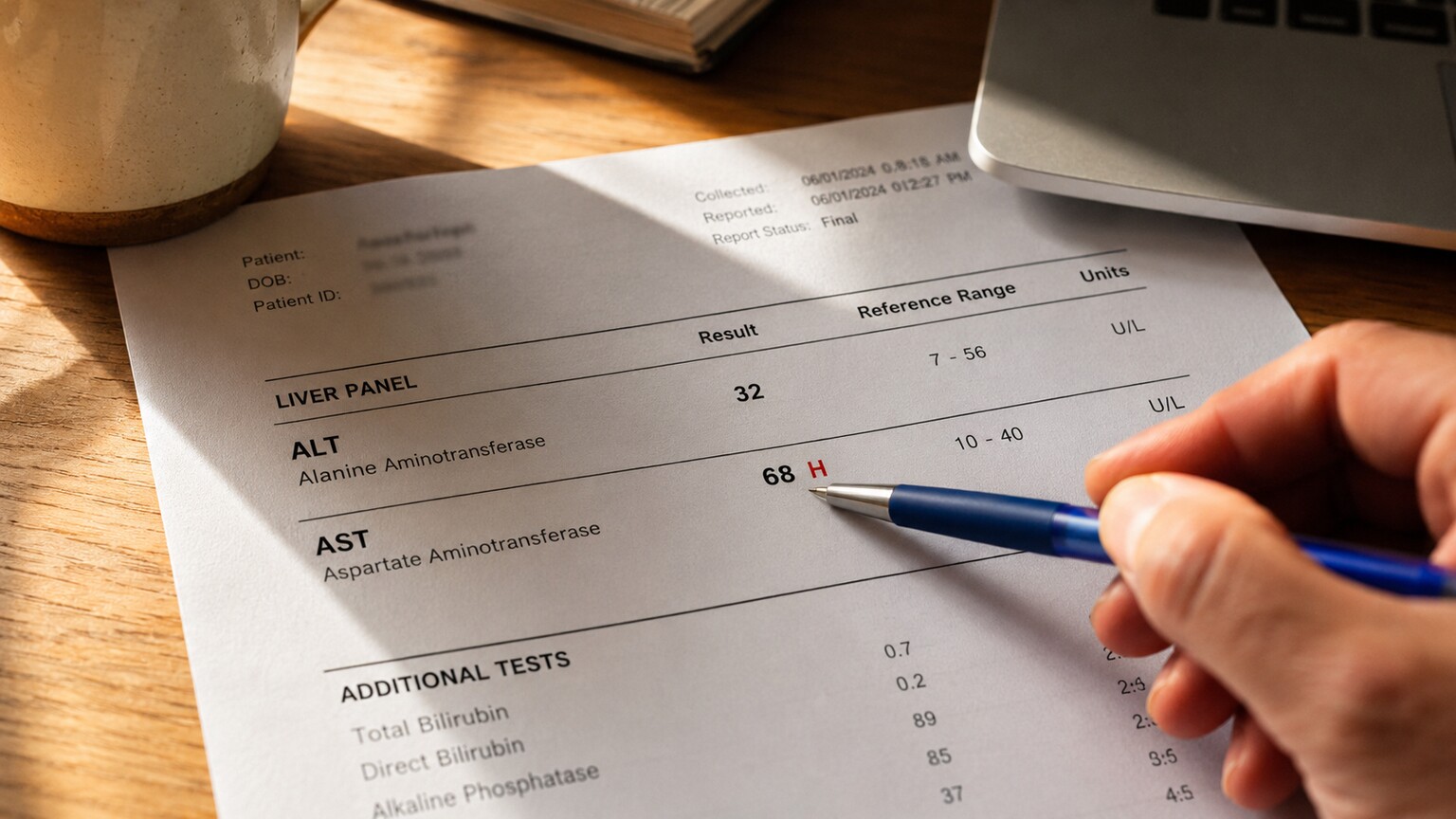 Printed lab report showing individual ALT and AST result rows with a pen pointing to the AST value being higher than ALT