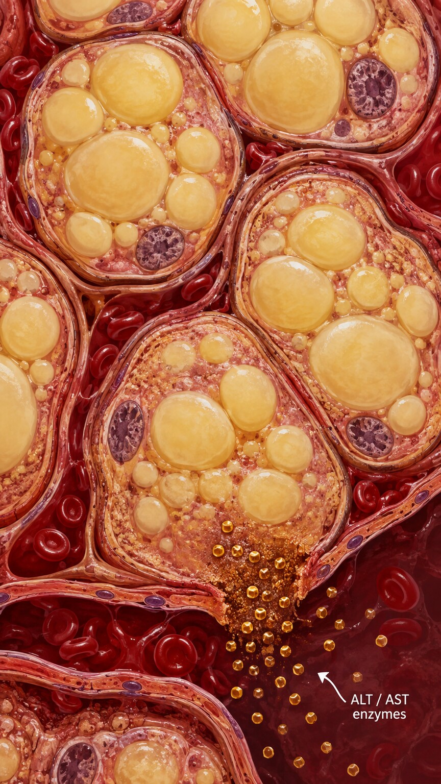 Cross-section illustration of liver tissue showing fat droplets accumulating inside hepatocytes in fatty liver disease