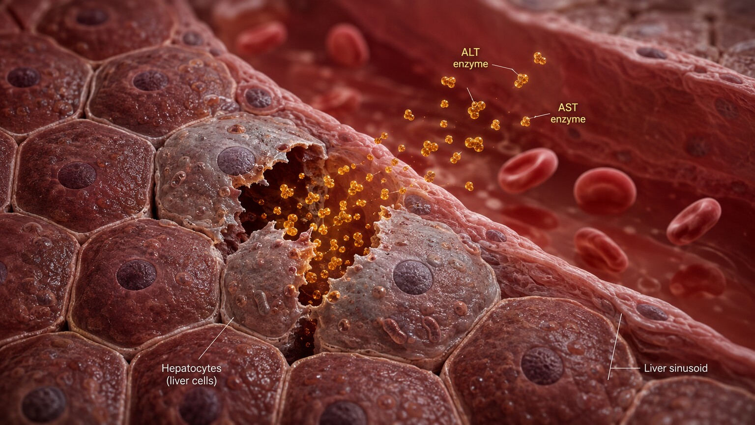 Scientific illustration of liver cells rupturing and releasing ALT and AST enzymes into a blood vessel