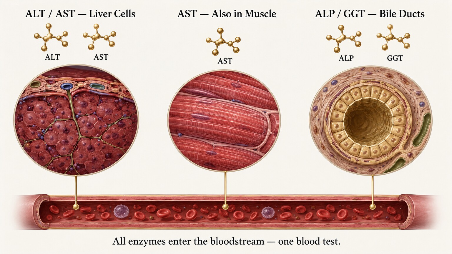Diagram showing which body tissues release ALT, AST, ALP, and GGT into the bloodstream during injury