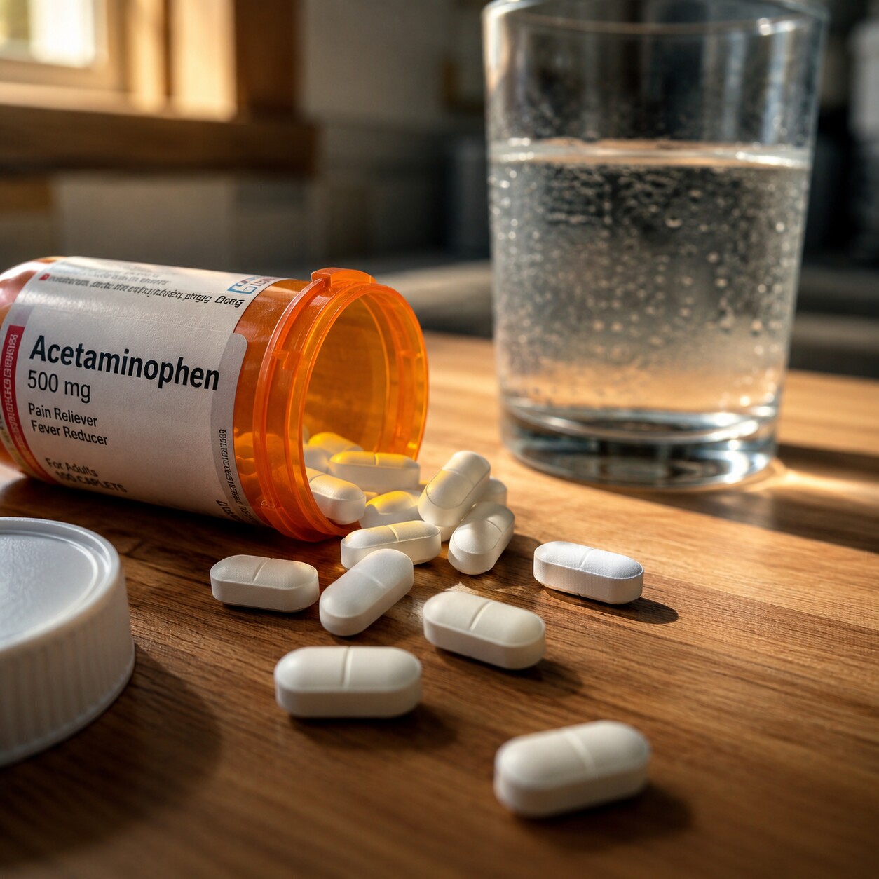 Close-up of an acetaminophen pain reliever bottle and loose pills on a kitchen counter beside a water glass