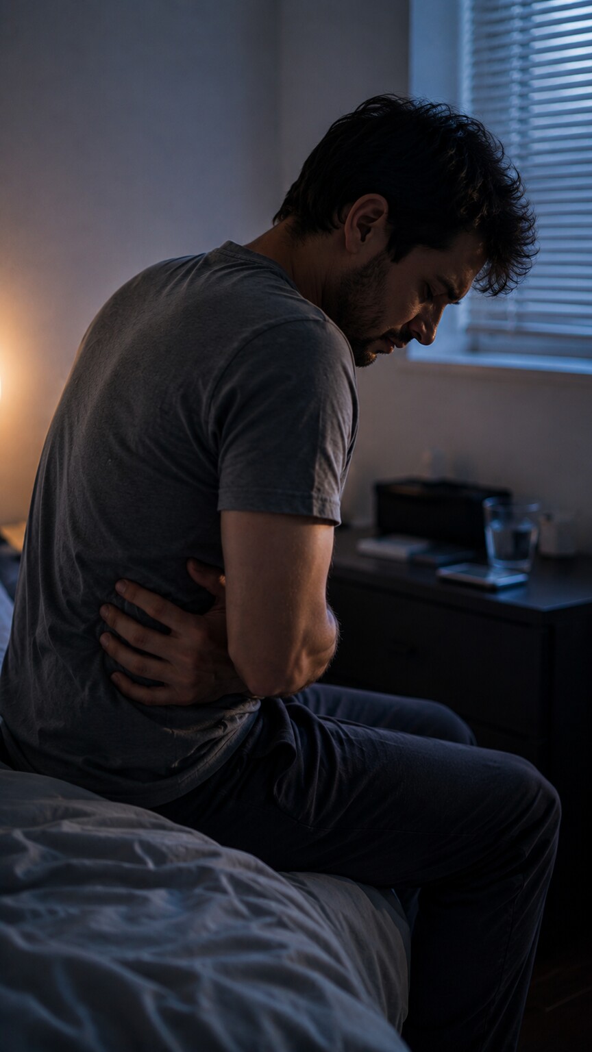 Person sitting on the edge of a bed in the early morning pressing a hand against their upper right side