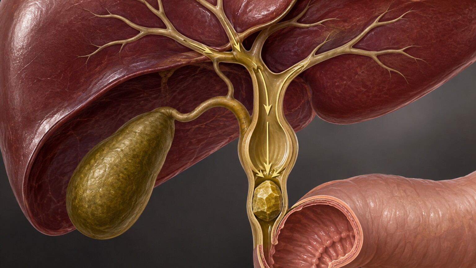 Medical illustration of a gallstone lodged inside the common bile duct blocking bile drainage from the liver
