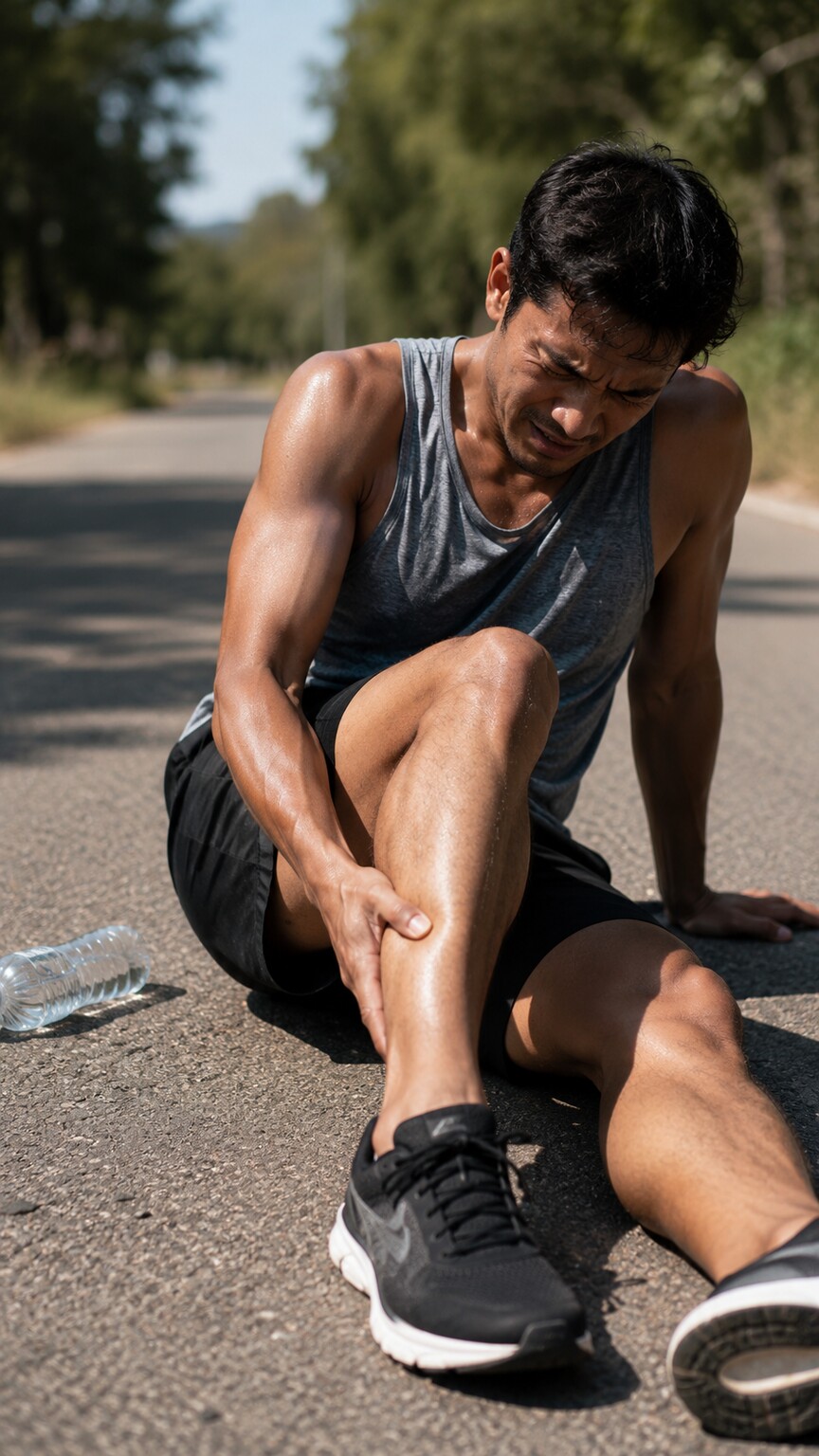 Exhausted runner sitting on the ground outdoors gripping their calf muscle after an intense workout
