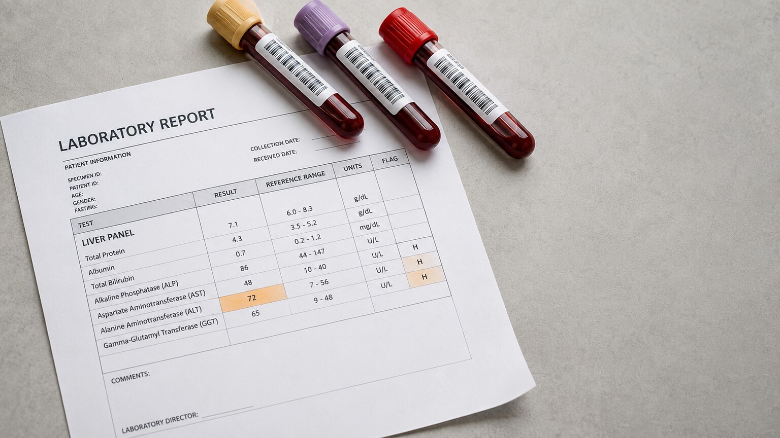 Labeled blood sample tubes resting on a printed liver panel lab report showing ALT, AST, ALP, and GGT results