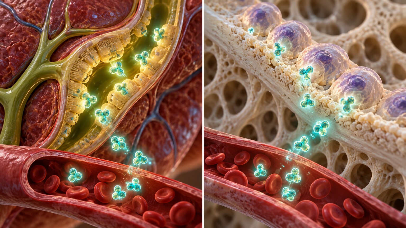 Scientific illustration showing alkaline phosphatase enzyme molecules originating from both liver bile duct tissue and bone tissue side by side