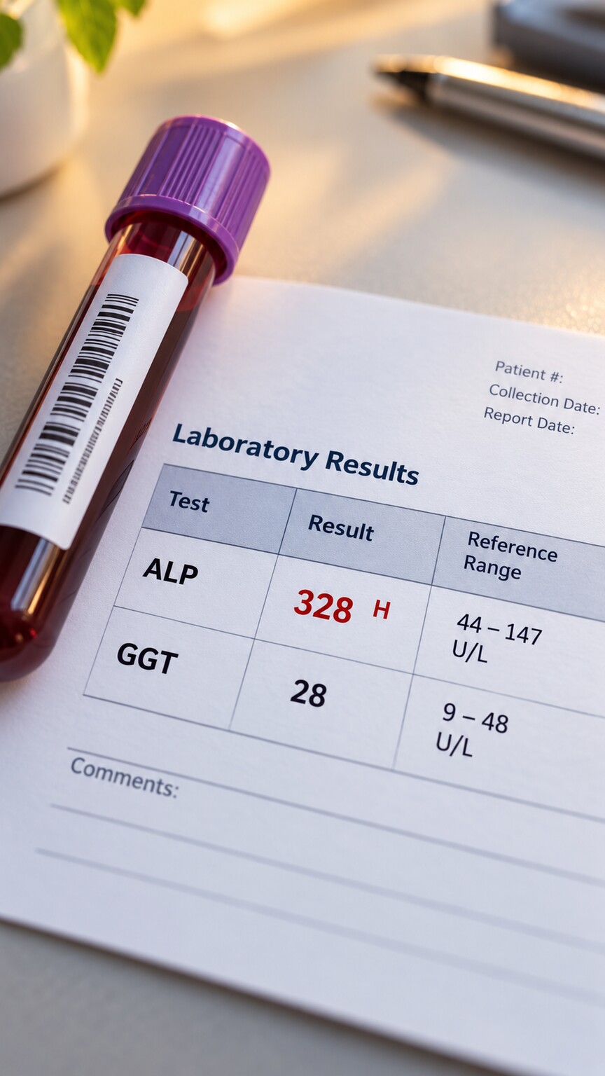 A labeled blood collection tube for a GGT test resting beside a printed lab report showing an elevated alkaline phosphatase result