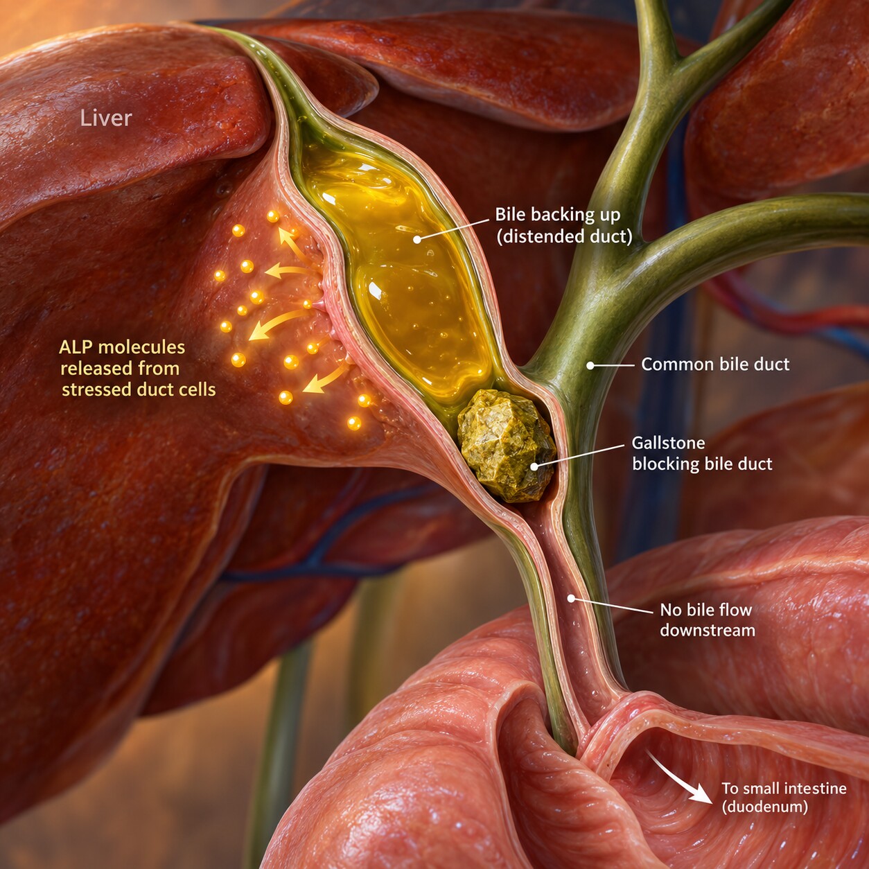 Scientific illustration of a gallstone physically lodged in and blocking the common bile duct, causing bile to back up