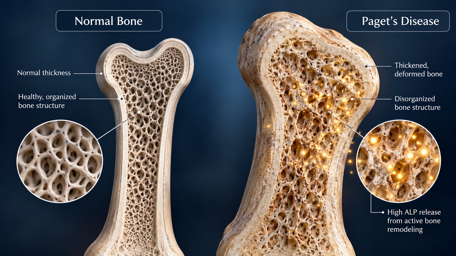Scientific illustration comparing a normal healthy bone cross-section against a thickened, deformed bone affected by Paget's disease