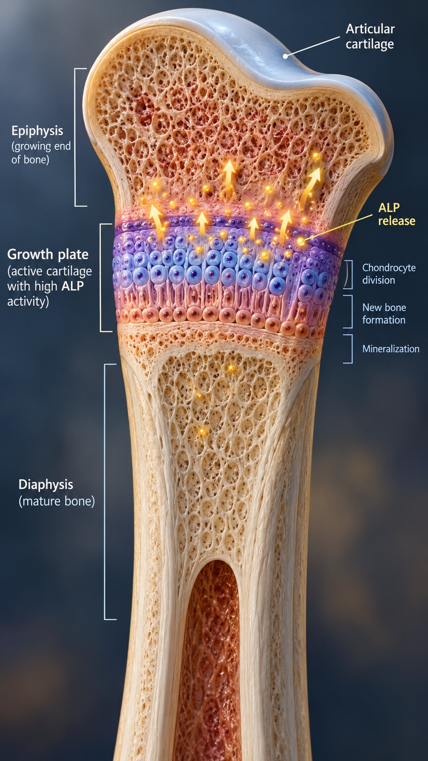 Scientific cross-section illustration of an active growth plate at the end of a long bone in an adolescent, showing intense new bone formation