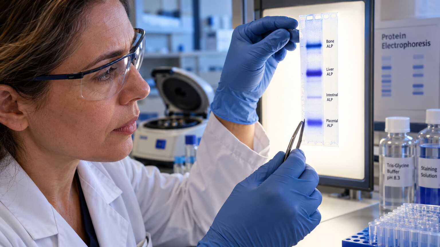 Laboratory technician examining an electrophoresis gel strip showing separated bands representing distinct liver and bone alkaline phosphatase isoenzymes