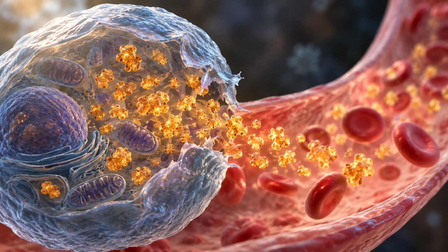 Scientific illustration of enzyme molecules spilling out of a cracked cell membrane into a nearby blood vessel after the cell is injured
