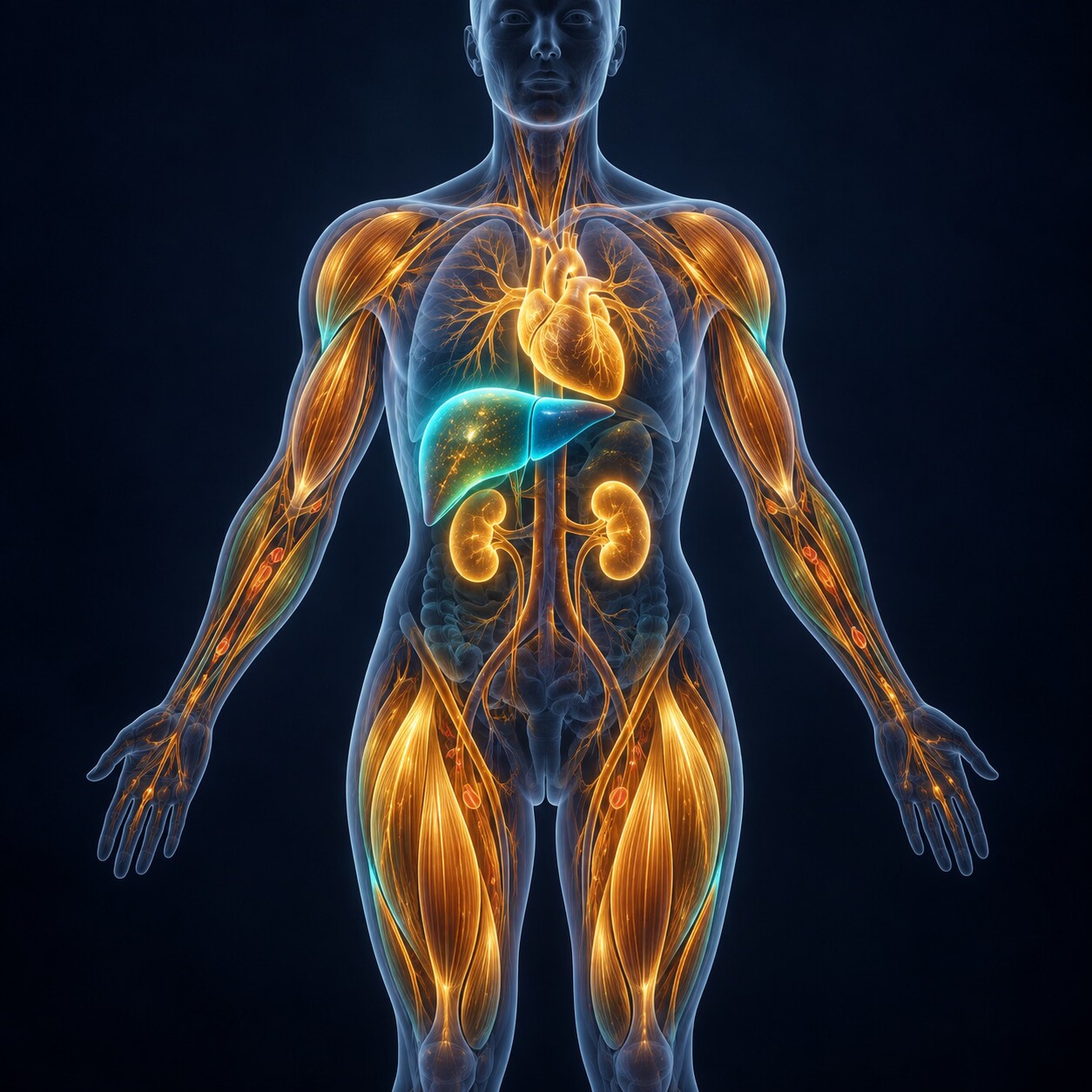 Illustration of a human body silhouette showing AST spread across the liver, skeletal muscles, heart, and kidneys, while ALT concentrates mostly in the liver