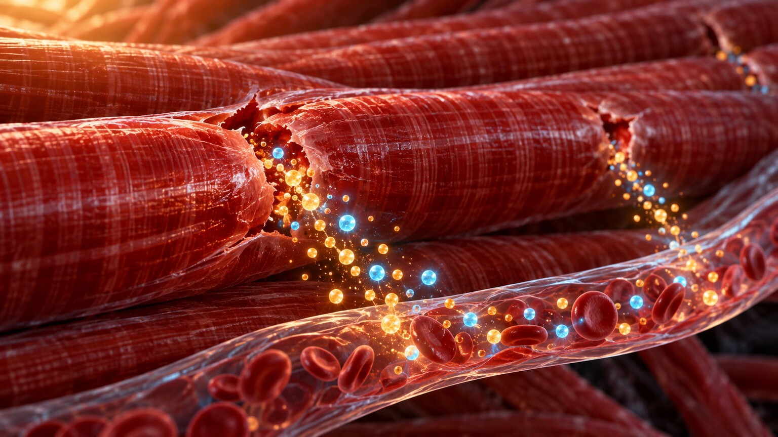 Scientific illustration of skeletal muscle fibers with tiny tears after intense exercise, releasing AST, ALT, and CK molecules into a nearby capillary