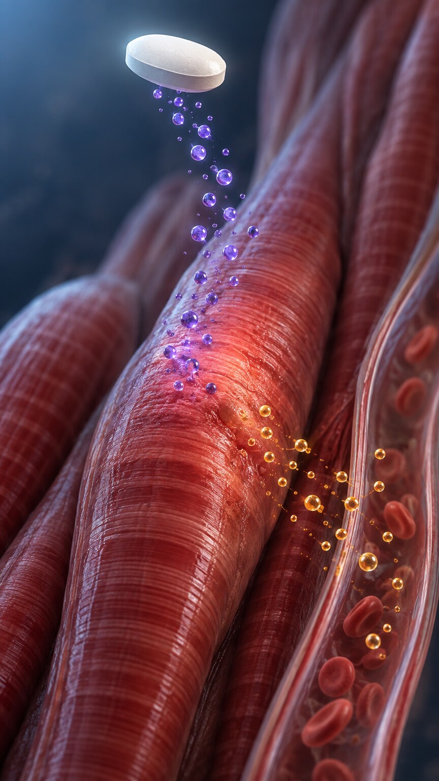 Scientific illustration of a cholesterol-lowering statin pill beside an irritated skeletal muscle fiber slowly leaking enzymes into the bloodstream