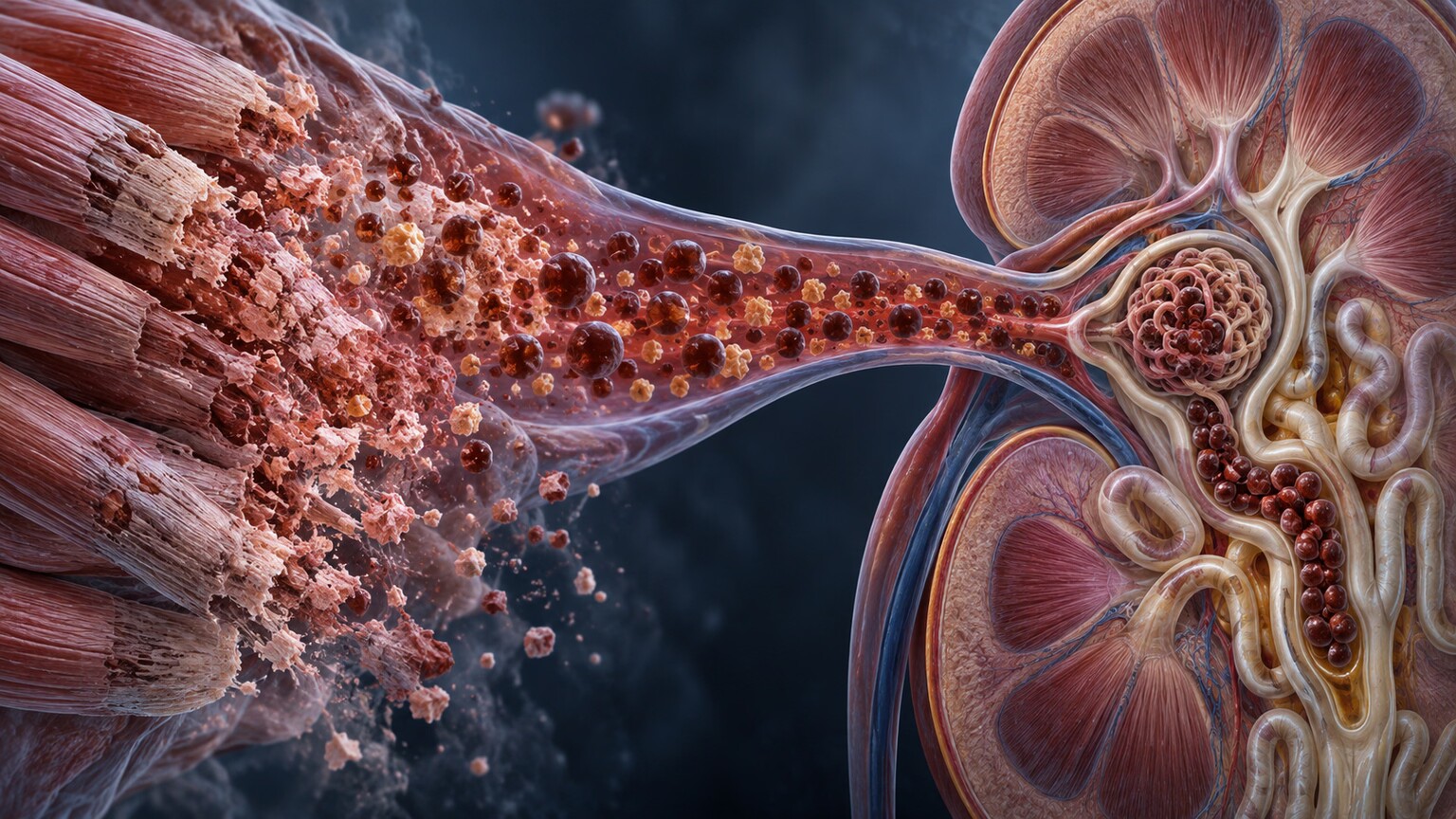 Scientific illustration of large amounts of dark myoglobin protein released from breaking muscle fibers, flooding the blood and clogging the kidney's filtering units