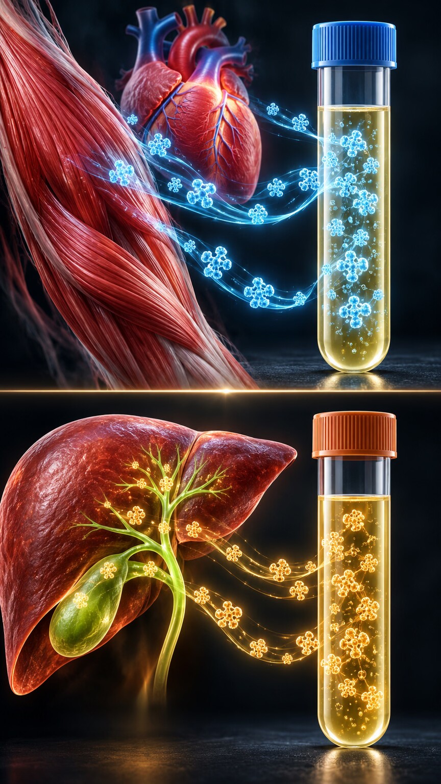 Scientific illustration of two blood tubes, one labeled by a muscle fiber for creatine kinase and one labeled by a liver for GGT, used to identify the source of a high AST